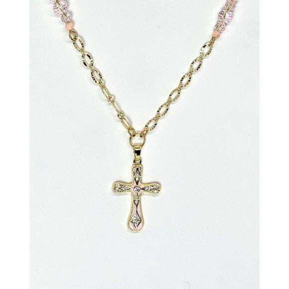 Handmade Pink Cross Necklace Gothic Enamel CZ Charm Adjustable Gold-Plated Chain - Picture 1 of 5